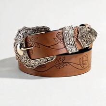 1pc New Leaf Print Lucky Clover Vintage Carved Niche Design Leather Belt, Versatile For Jeans And Dresses - Leaf - View 4