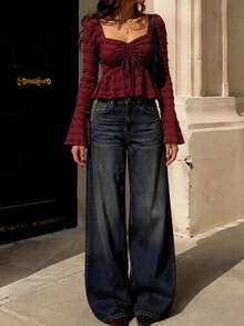 Women's Spring/Autumn Elegant Solid Color Square Neck Ruffle Bell Sleeve Long Sleeve Casual Fashion Top - Burgundy - View 5