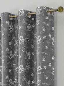 1panel Printed Blackout Curtain With Grommet Top Designthermal Insulated For Effective Room Darkening Floral Drape Window Decor Home Accent Room Ornament Thermal Insulation, Noise Reduction Function, Suitable For Living Room, Bedroom, Office And Home - Black and Gray - View 1