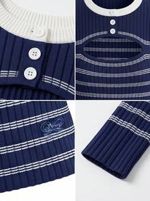 Vintage Casual Color Block Knit Sweater Women Autumn Inner Layer Slimming Long Sleeve Top - Blue - View 10