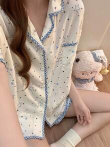 2pcs/Set Piyama Wanita, Cardigan Berkerah Motif Bintang, Celana Pendek Lengan Pendek Minimalis, Musim Semi/Panas - Blue and White - View 9