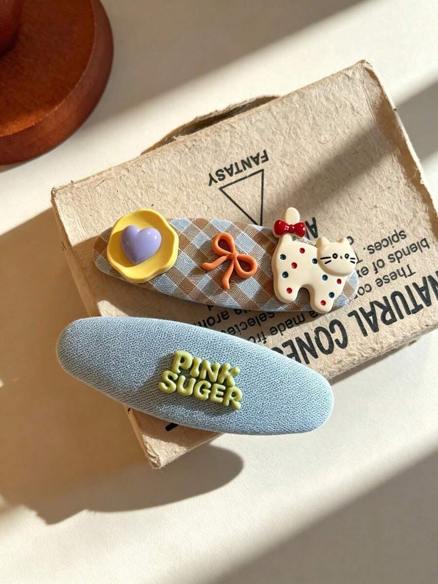 2pcs Girls Cute Cartoon Cat Hair Clips, Plaid Fabric BB Clips, Letter Decor Side Bangs Clips, Sweet Preppy Style Women's Daily Decorative Hair Accessories - Multicolor - View 1