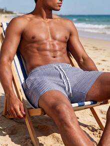 Men's Striped Palm Tree Print Casual Beach Shorts With Drawstring, Summer - Dusty Blue - View 3