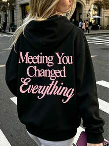Letter Print Hooded Sweatshirt Casual Long Sleeve Drawstring Pullover Streetwear Daily Sweatshirt Y2K Outfit Casual Style Outfit - Black - View 5