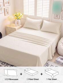 HONEYMOON 3/4件套純色床上用品套裝（3件套 = 1件床單 + 1件平鋪床單 + 1件枕套，4件套 = 1件床單 + 1件平鋪床單 + 2件枕套），100%聚酯纖維面料，Ins風格，適合9-12英吋深口袋，抗縮水，可機洗，適用於各種尺寸，四季通用，居家與學校宿舍使用，開學必備，米色 - 米色 - 查看 2