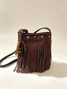 Women's Coffee Brown Exquisite Small Faux Suede Crossbody Bag, Tassel Style With Rivet Star Inlay, College Style Phone Bag, Suitable For Shopping - Coffee Brown - View 7
