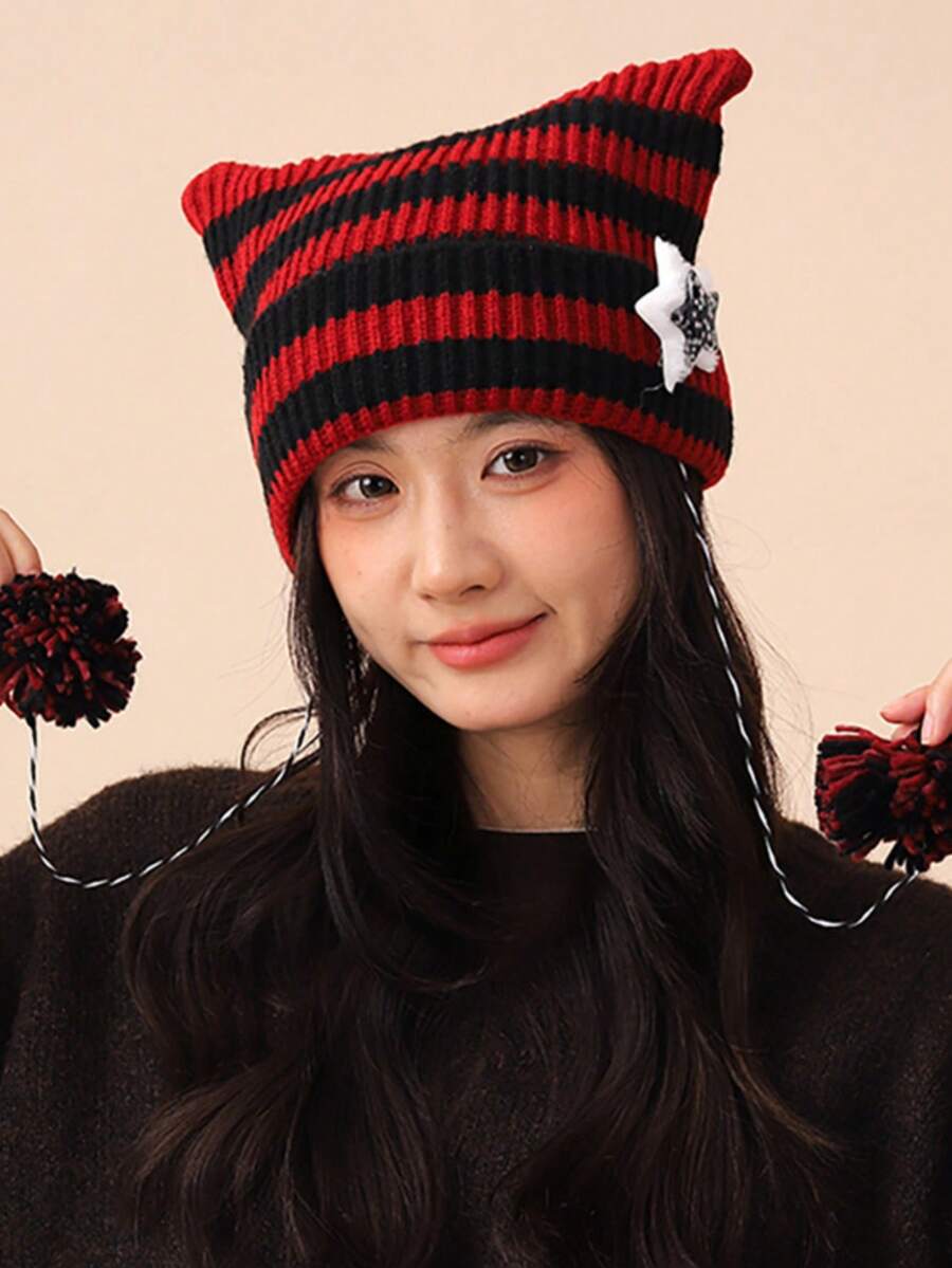 Yabby Style Handmade Cute Five-Star Cat Ear Striped Knitted Protective Headwear Women Ear Protection Windproof Woolen Hat - A - View 1