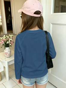 Autumn/Winter Ribbed Pure Cotton Long-Sleeved Top For Girls, Casual, Sporty And Preppy Style - Denim Blue - View 4