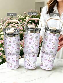 1pc/5pcs 30oz Cute Purple Duck Stainless Steel Insulated Tumbler With Handle And Straw, Cartoon Duck, Bow And Lavender Floral Print Design, Perfect Birthday And Holiday Gift, Leak-Proof Flip Lid, Suitable For Travel, Work, Fitness And Daily Outdoor Use - Purple-duckling - View 6