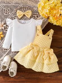 Baby Girl Gentle Princess 3-Piece Outfit Set: Ruffle Flutter Sleeve Ribbed Long Sleeve Inner Top + Double-Sided 3D Big Bow Decor Plaid Double Layer Cake Bustier Strap Dress + Matching Same Color Bow Hair Accessory Set - Yellow - View 4