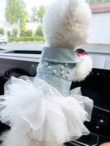 PETCIRCLE 1PC Pet Clothes Small Dog Puppy Cute Pet Collar Design Letter Pearl Puff Skirt Bridal Dress - Blue - View 2