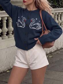 Women's Preppy Navy Knit Cardigan, Crew Neck Swan Jacquard Button Front Long Sleeve Cropped Sweater For Fall Campus Daily - Navy Blue - View 7