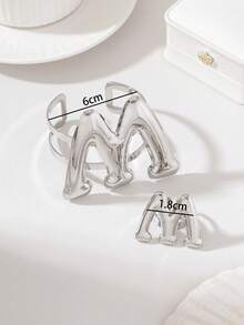 1 Set Exaggerated Fashion Design Metal Block Glossy Letter Open Adjustable Bracelet + 1 Piece Premium Letter Ring Jewelry Set, Casual, Party, Gathering, Perfect Holiday Gift For Friends, Sisters And Mothers - Silver Letter M - View 6