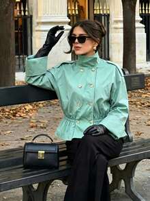Fashionable Women's Light Green Regular Fit Trench Coat, Double-Breasted Design, Lapel Collar Long Sleeve, Versatile For Autumn - Mint Green - View 3