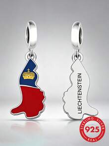 1pc S925 Sterling Silver Liechtenstein Map Pendant Bead, Enamel Flag Pattern DIY Bracelet Silver Accessory - Silver - View 1