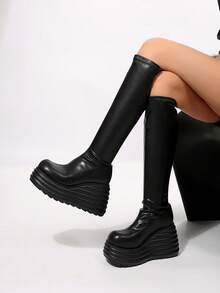 FVPFVP 2026 New Autumn/Winter Elastic Slimming Thick Sole Height-Increasing Over-The-Knee Tall Boots For Women, Black Chunky Leg High Boots - Black - View 5