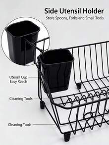 Kitchen Sink Countertop Dish Drying Rack, Dish Drain Basket, Dish Organizer With Utensil Basket, Stable Anti‑Slip Support Structure, Large‑Capacity Kitchen Tableware Storage Rack, Bowl & Plate Holder For Kitchen Counter - Black - View 6