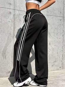 Women's Casual Loose Straight Leg Sweatpants, Spring/Autumn Fashion Sports Long Pants - Black - View 1