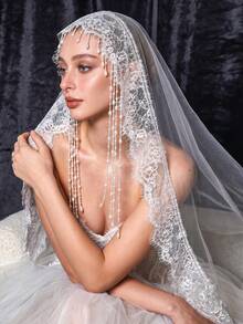 1 Stück 1m Vintage Spitzen Perlen Quaste Kopfschleier, Kirchen Hochzeit Gesichtsschleier mit Haarspange - Verschiedenfarbig - Übersicht 6