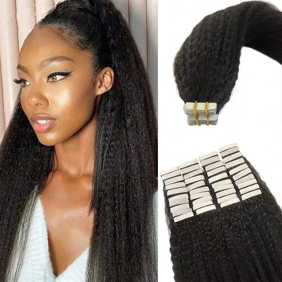 Kinky Straight Tape In Hair Extensions 50g/20pcs Brazilian Remy Human Hair Yaki Tape Ins Hair Invisible Glue Natural Black