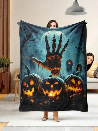 1pc Soft & Comfortable Halloween Blanket, 2D Printed Flannel Throw, Office Nap Blanket, Sofa & Bed Decorative Blanket, Outdoor Camping Leisure Blanket, Perfect Gift Blanket For Family & Friends