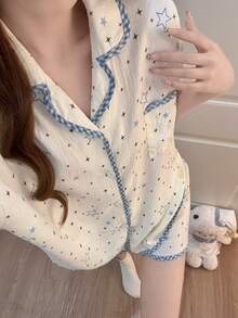 2pcs/Set Piyama Wanita, Cardigan Berkerah Motif Bintang, Celana Pendek Lengan Pendek Minimalis, Musim Semi/Panas - Blue and White - View 6