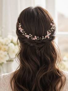 1pc Light Pink Leaf Pearl Rhinestone Bridal Hair Comb Set, Gold Crystal Wedding Side Hair Comb, Bridal Bridesmaid Prom Party Hair Accessory - Multicolor - View 1
