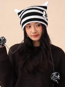 Yabby Style Handmade Cute Five-Star Cat Ear Striped Knitted Protective Headwear Women Ear Protection Windproof Woolen Hat - A - View 6