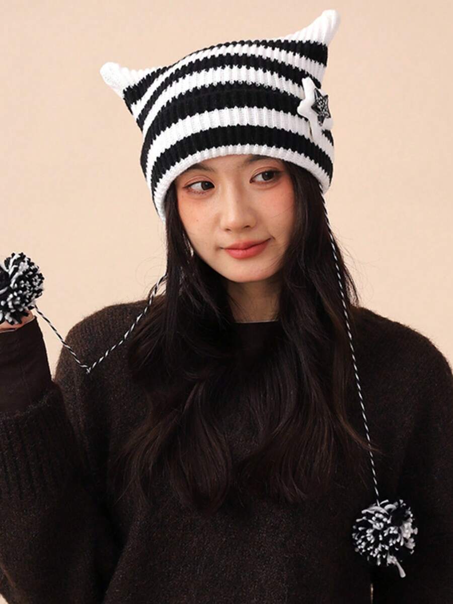 Yabby Style Handmade Cute Five-Star Cat Ear Striped Knitted Protective Headwear Women Ear Protection Windproof Woolen Hat - A - View 1