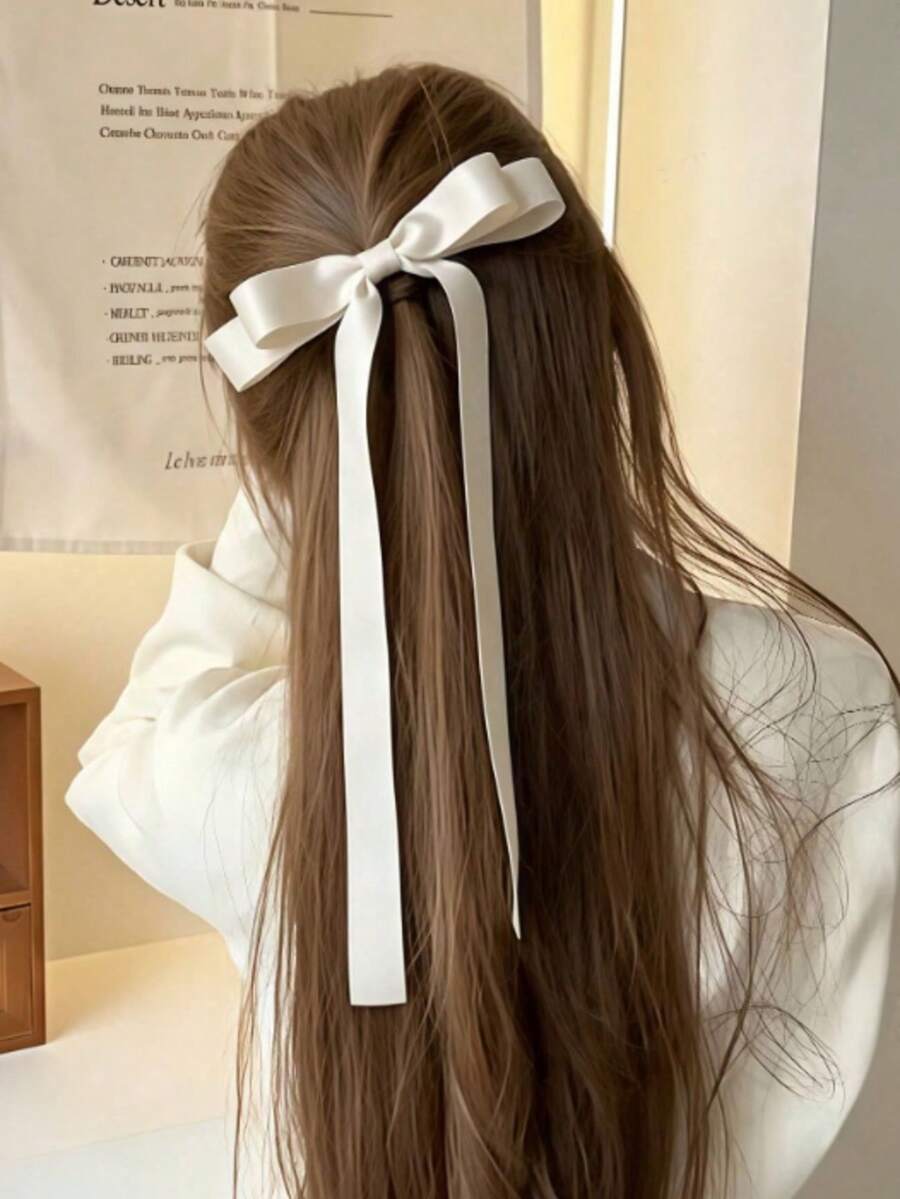 1pc White Satin Bow Hair Clip, Women's Long Ribbon Bow Hair Clip, Suitable For Daily Wear, Wedding Party Vintage Hair Accessory - White - View 1