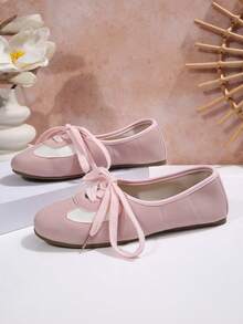 Colorblock Lace-Up Ballet Shoes, Soft Sole Lightweight Retro Training Style Low Vamp Daily Commute Women's Shoes - Pink - View 3