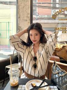 Kemeja Bergaris Tekstur Bordir Jacquard Gaya Korea, Atasan Longgar Desain Komuter - Aprikot - View 4