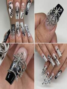 12pcs Punk Y2K Nail Piercing Decor Set 3D Metal Silver Mixed Style C-Ring Star Safety Pin Spike Barbell Rivet DIY Gothic Cool Nail Art Decoration For Women - Multicolor - View 8
