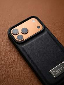 Personalized Custom Name Laser Engraved Metal Nameplate Faux Litchi Texture Leather Shockproof Protective Phone Case Compatible With IPhone 11 12 13 14 15 16 17 18 Pro Max Large Camera Cutout Anti‑Drop Soft Bumper Durable Phone Back Cover Stylish Daily Office Work Travel Dating Party Accessory, Thoughtful Customized Gift For Women Girls Girlfriend Best Friend Birthday Holiday Present - Black - View 5