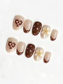 10pcs Chocolate Brown Sweetheart Dot Nail Art With Glitter And Embossing Small Flowers French Short Nails - Simple And Elegant Formal Commute Winter Autumn Style Detachable Handmade Nail Art - Multicolor - View 2