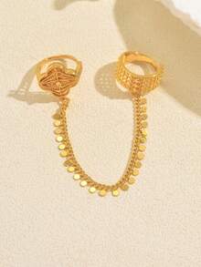 1pc Vintage Floral Double Finger Connected Chain Ring, Wedding Banquet Holiday Accessory - Gold - View 4