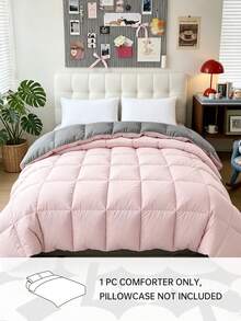 1pc Light Pink With Grey Quilted Comforter Insert, Reversible, Square Quilted, Warm Soft Fluffy, Suitable For Winter Use, Down Alternative Filling, Machine Washable - Baby Pink - View 3