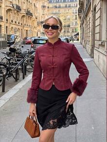Women's Stand Collar Frog Button Faux Suede Jacket, Artificial Fur Cuffs Long Sleeve Slim Fit Short Coat - Burgundy - View 9