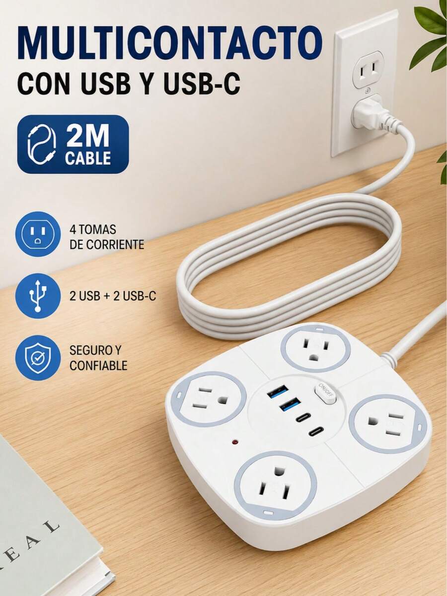 ONEEKA Cargador Regleta Multicontacto 4 Tomas 2 Usb 2 Tipo C - Blanco - Ver 1