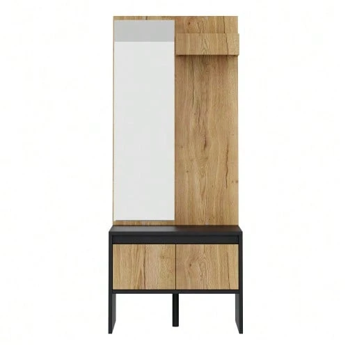 Hall Tree Set With Coat Rack, Hooks, Mirror, Shoe Bench, And 2 Drawers 60*38*145 Cm - Black - View 1
