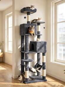 Multi‑Level Cat Tree, With Two Cat Houses, A Hammock And A Hanging Basket. Multiple Sisal Scratching Posts For Claw Sharpening, A Top Viewing Platform, And An Interactive Pom‑Pom Cat Toy. Suitable For Multiple Cats. - Random Color - View 6
