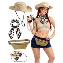 4pcs Adventure Costume Set For Women, Includes Waist Bag, Adventure Hat, Binoculars And Leopard Print Scarf, Adult Props - Multicolor - View 4