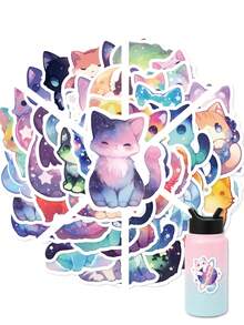 50Pcs Gradient Nebula Kitten Pp Stickers, Cartoon Patterns Of Pink‑Blue‑Purple Iridescent Galaxy Cats, Suitable For Luggage, Helmet, Guitar, Scrapbook, Water Bottle - Multicolor - View 2