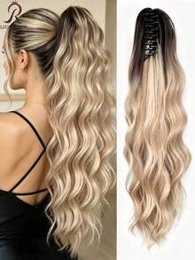 Dark Brown & Black Claw Ponytail Hair Extensions, Light Brown Base Color, 24 Inch Water Wave Heat Resistant Synthetic Fiber Ponytail Wig, Suitable For Women's Daily Use Short Hair Accessory - Multicolor - View 4