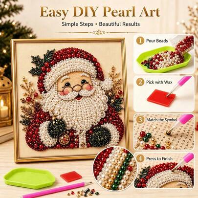 DIY Christmas Pearl Diamond Painting Art Kit With Frame, Adult Beginner Christmas Pearl Bead Craft, Gemstone Diamond Dot Painting Home Wall Decor, Healing Stress Relief