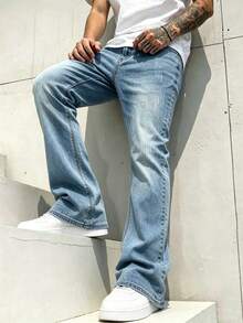 Men's American Style Casual Flared Washed Stretch Denim Jeans - Light Wash - View 1