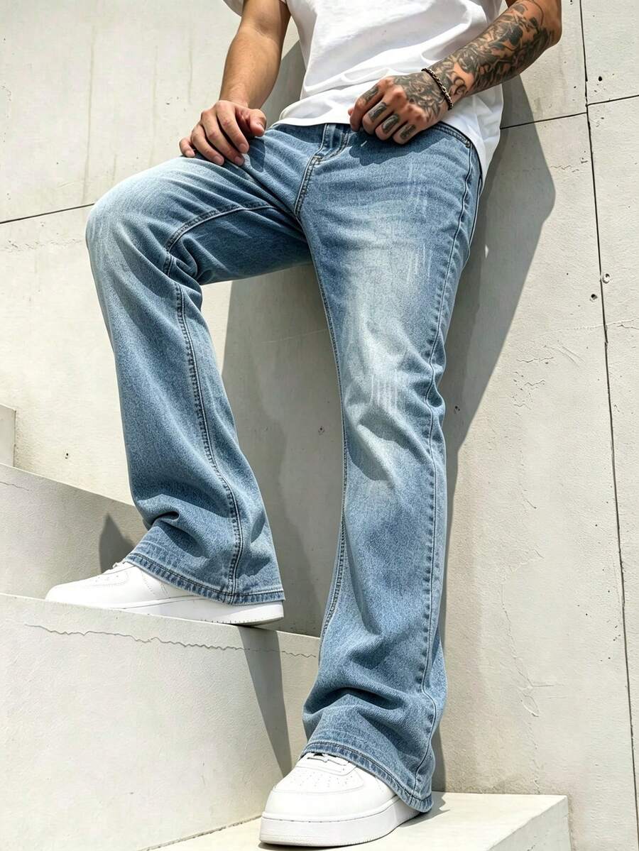 Men's American Style Casual Flared Washed Stretch Denim Jeans - Light Wash - View 1