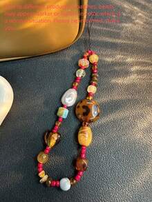 Retro Leopard Print Beaded Phone Lanyard, Elegant Short Wrist Strap Charm, Camera Hanging Accessory For Women. Note: Bead Colors May Vary Slightly Due To Batch Differences. - Brown - View 2