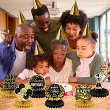 9Pcs Black Gold Happy Birthday Honeycomb Table Centerpieces Glitter Cake Crown Gift Box Champagne Balloon Star Cutouts Mult‑Age Birthday Party Table Decor Supplies - X260817E - View 5
