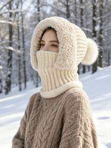 JOYLORD 1pc Women's Winter Knitted Hat Scarf Mask All-In-One Cap, Windproof Thermal Lined Warm Woolen Hat For Cycling - Hooded Bodysuit - View 13